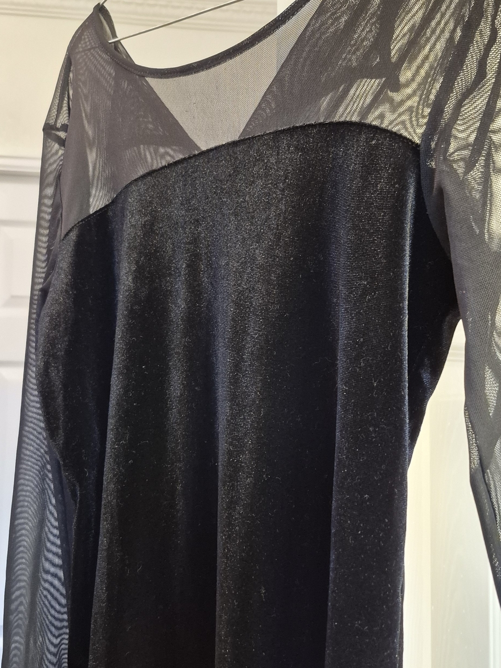 Black Velvet & Mesh Long Sleeve Women's Blouse long sheer sleeves